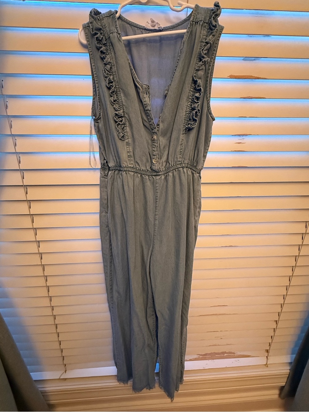 Hayden Light Blue Chambray Ruffle-Trim Sleeveless Jumpsuit